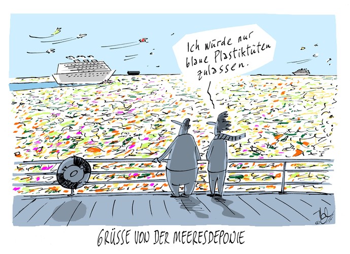 Karrikatur "Grüße von der Meeresdeponie" des Zeichners NEL.