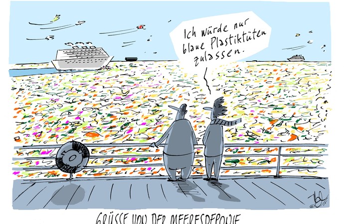 Karikatur zweier Personen auf einem Schiff, die aufs Meer blicken, das von bunten Plastiktüten überschwemmt ist.