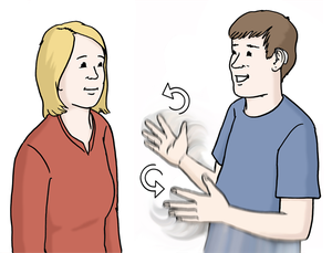 Zeichnung von 2 Menschen, die sich mit Gebärden unterhalten